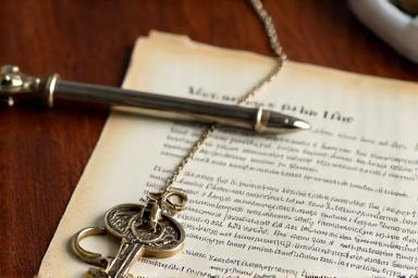 An ornate key and a classic fountain pen on top of legal documents.